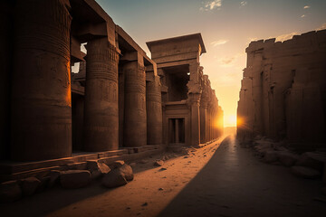 Sunset at the temples of edfu in Egypt. Ai generated art - obrazy, fototapety, plakaty