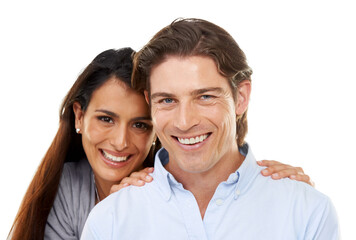 Love, hug and portrait of a couple in a studio for valentines day, romance or anniversary. Happy, smile and young interracial man and woman embracing with happiness isolated by a white background.