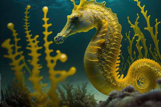 On the ocean floor, a Yellow Female Common Seahorse (Hippocampus Taeniopterus). Aquatic Image. Generative AI