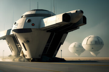 Fototapeta na wymiar military spaceship standing on the airfield preparing to launch generated by generative ai 