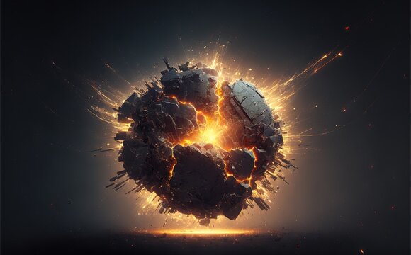 A very strange looking object with a lot of lights on it's side and a lot of debris on the ground a 3d render auto-destructive art explosions