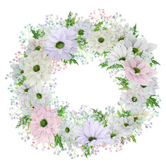 Hand-drawn watercolor wreath with pale pink and lilac chrysanthemum with colored gypsophila
