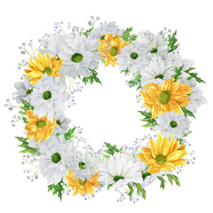 Fototapeta premium Hand-drawn watercolor wreath with white and yellow chrysanthemum with gypsophila