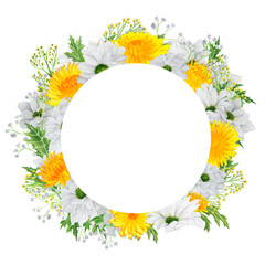 Hand-drawn watercolor wreath with white and yellow chrysanthemum with gypsophila and solidago