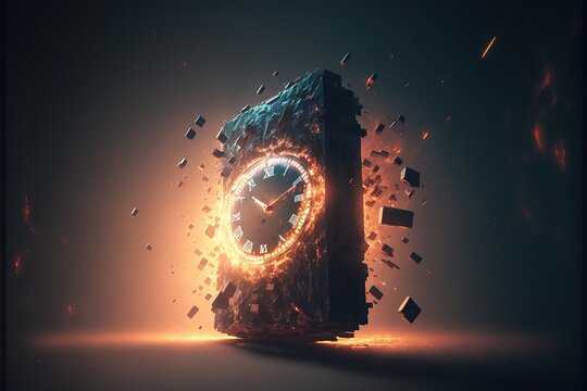 A clock with a lot of exploding pieces around it on a dark background with a light reflection on the clock a 3d render kinetic art Digital Art renderer