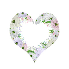 Hand-drawn heart-shaped watercolor wreath with pale pink and lilac chrysanthemum with colored gypsophila