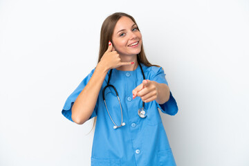 Young surgeon doctor Lithuanian woman isolated on white background making phone gesture and pointing front