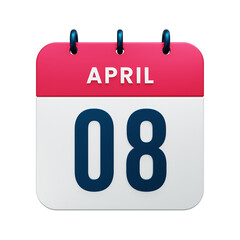 April Realistic Calendar Icon 3D Rendered Date April 08