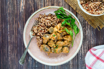 Creamy mushroom stroganoff with wild rice