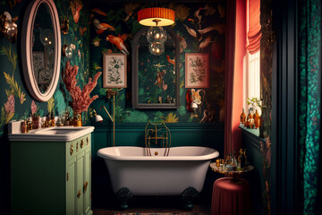 Bathroom with colorful wallpaper