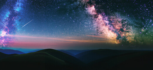 Digital art of milky way and pink light at mountains. Night colorful landscape and starry sky with hills at summer. Beautiful Universe. 