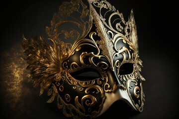 A stunning carnival mask from Venice. White and gold. Glow, enigma, and shadowy setting. Generative AI