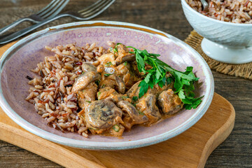 Creamy mushroom stroganoff with wild rice