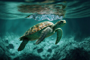A sea turtle sways in the clear water. Turtles swim in the ocean. Generative AI