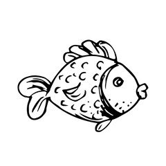 Vector image of single cartoon fish isolated on white background, doodle illustration.
