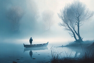 generative ai, scenery of misty lake in a forest with a man in a boat