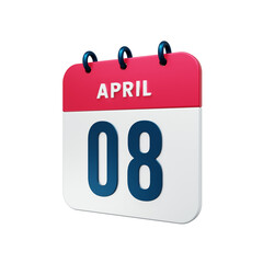 April Realistic Calendar Icon 3D Rendered Date April 08