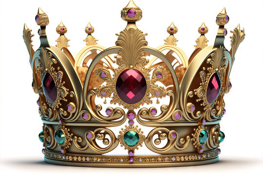 Isolated on white, a gold crown with gems. Generative AI