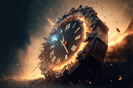 A clock that is on fire with a sky background behind it and a lot of smoke coming out of it a 3d render kinetic art artistic hd