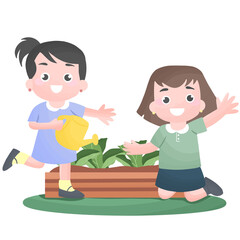 girls kid planting and watering vegetable