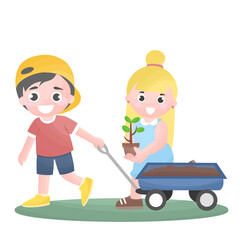Obraz na płótnie Canvas volunteers, girl and boy kid planting tree