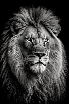 Amazing Black And White Lion Face Looking. Generative AI