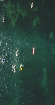 Zoom out drone shot of tourists surfing in sea during sunny day