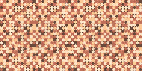Brown circles inside square colored cells. Geometric seamless pattern for print, interior design, fabric, various surfaces.