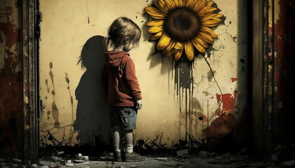 Fictional image of a child, mural, street art, Generative AI