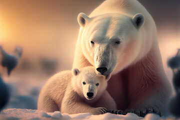 Fototapeta na wymiar Mother white polar bear and her baby, Generative AI