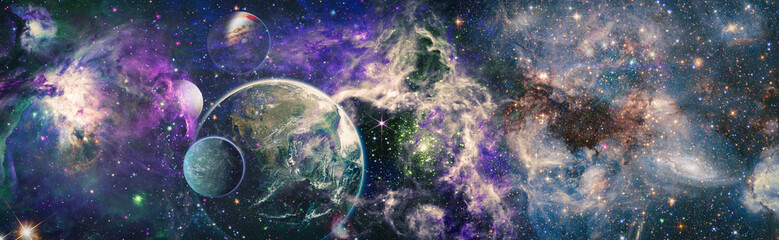 Earth and galaxies in space.Horizontal view for a glass panels . Template banner , Elements furnished by NASA .