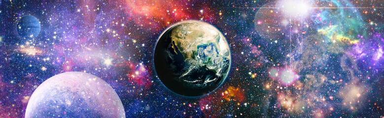Obraz na płótnie Canvas Earth and galaxies in space.Horizontal view for a glass panels . Template banner , Elements furnished by NASA .