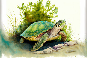 An image of a land turtle in its habitat. a Greek wild animal. The tortoise of Hermann. Generative AI