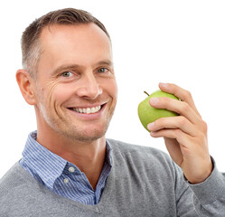 Man, apple and happy studio portrait with fruit for health, diet and wellness isolated on a white...