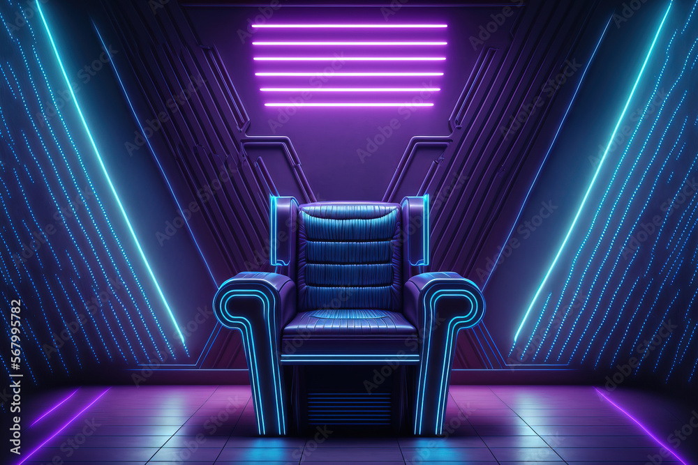 Wall mural science fiction neon futuristic retro club seat chair with striped wall and glowing rectangle lasers