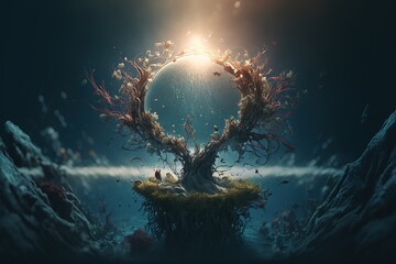 Fototapeta na wymiar A digital painting of a tree surrounded by water and rocks with a sun shining through the branches of it a 3d render fantasy art cgstudio