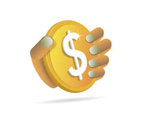 Business concept, icon. The hand holds a gold dollar coin. 3d vector illustration isolated on a white background.
