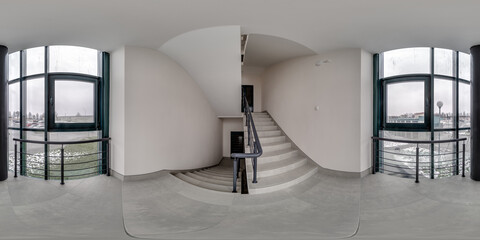 full seamless spherical hdri 360 panorama view in empty modern hall, staircase and panoramic...