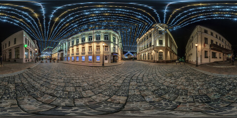 spherical seamless night hdr 360 panorama on pedestrian street with stone pavement of old town with...