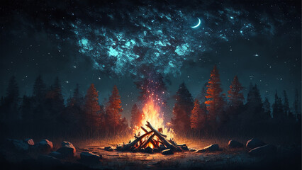 campfire in the forest - obrazy, fototapety, plakaty