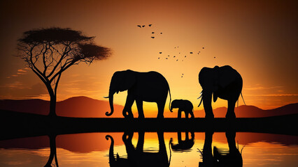 Fototapeta na wymiar family elephants in the sunset