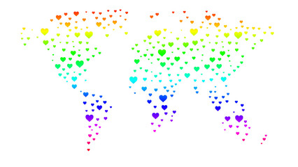 Gradient Colors Hearts Map. Colored hearts forming world map, PNG format with transparent background.
