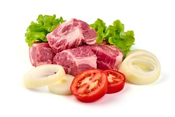 Raw pork pieces, isolated on white background. High resolution image.