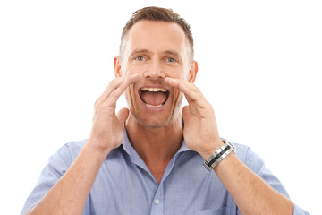 Shouting, happy and portrait of a man with an announcement isolated on a white background. Screaming, yelling and businessman cupping hands for gossip, conversation or communication on a backdrop