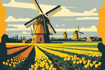 Dutch windmill overlooking a field of vibrant yellow tulips, Holland. Generative AI - obrazy, fototapety, plakaty