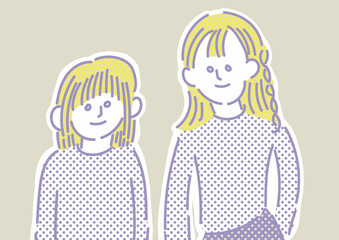仲良しの姉妹の手描きイラスト