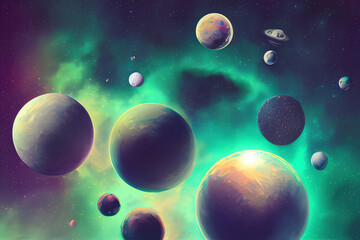 Naklejka na ściany i meble beautiful galactic space background with planets, created by AI