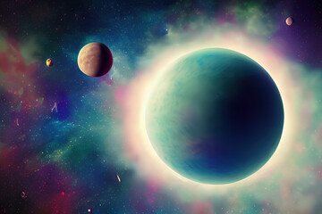 Fototapeta na wymiar beautiful galactic space background with planets, created by AI