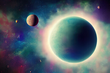 Naklejka na ściany i meble beautiful galactic space background with planets, created by AI