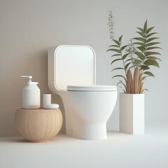 Naklejka na ściany i meble Minimalist bathroom mockup with natural wood furniture, toilet bowl and a white color schemes. Generative AI